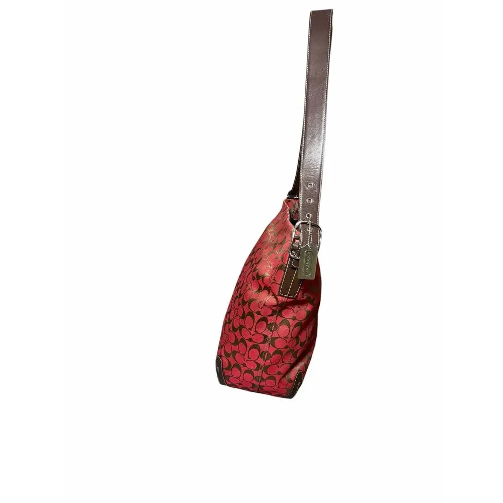 Coach 6083 Signature C Hobo Shoulder Bag Red Brown Canvas Leather Trim G15-608